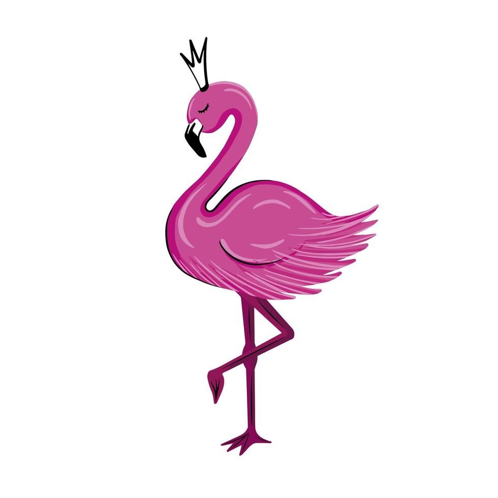 Pink flamingo with a crown on its head on white background. Illustration for printing, logo, beauty saloon, covers, packaging, greeting cards, posters, stickers, textile and seasonal design. vector
