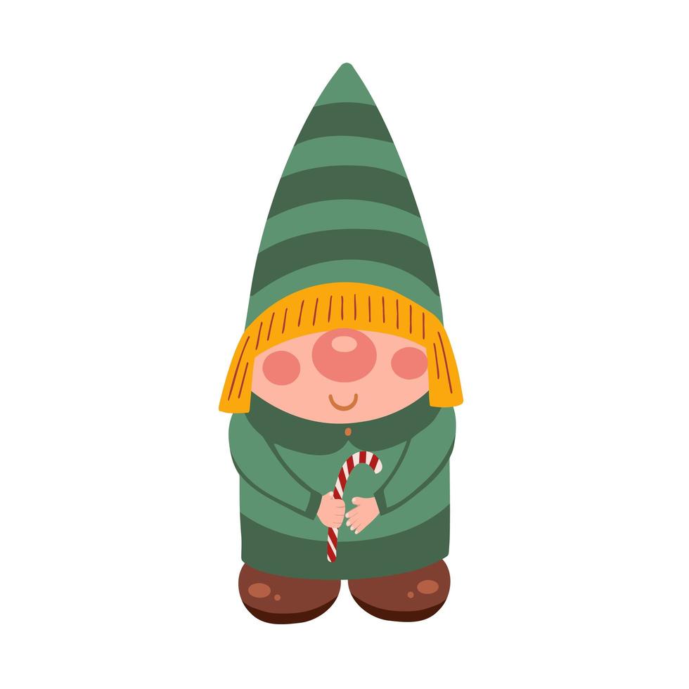 little gnome with candy. Illustration for printing, backgrounds, covers, packaging, greeting cards, posters, stickers, textile, seasonal design. Isolated on white background. vector