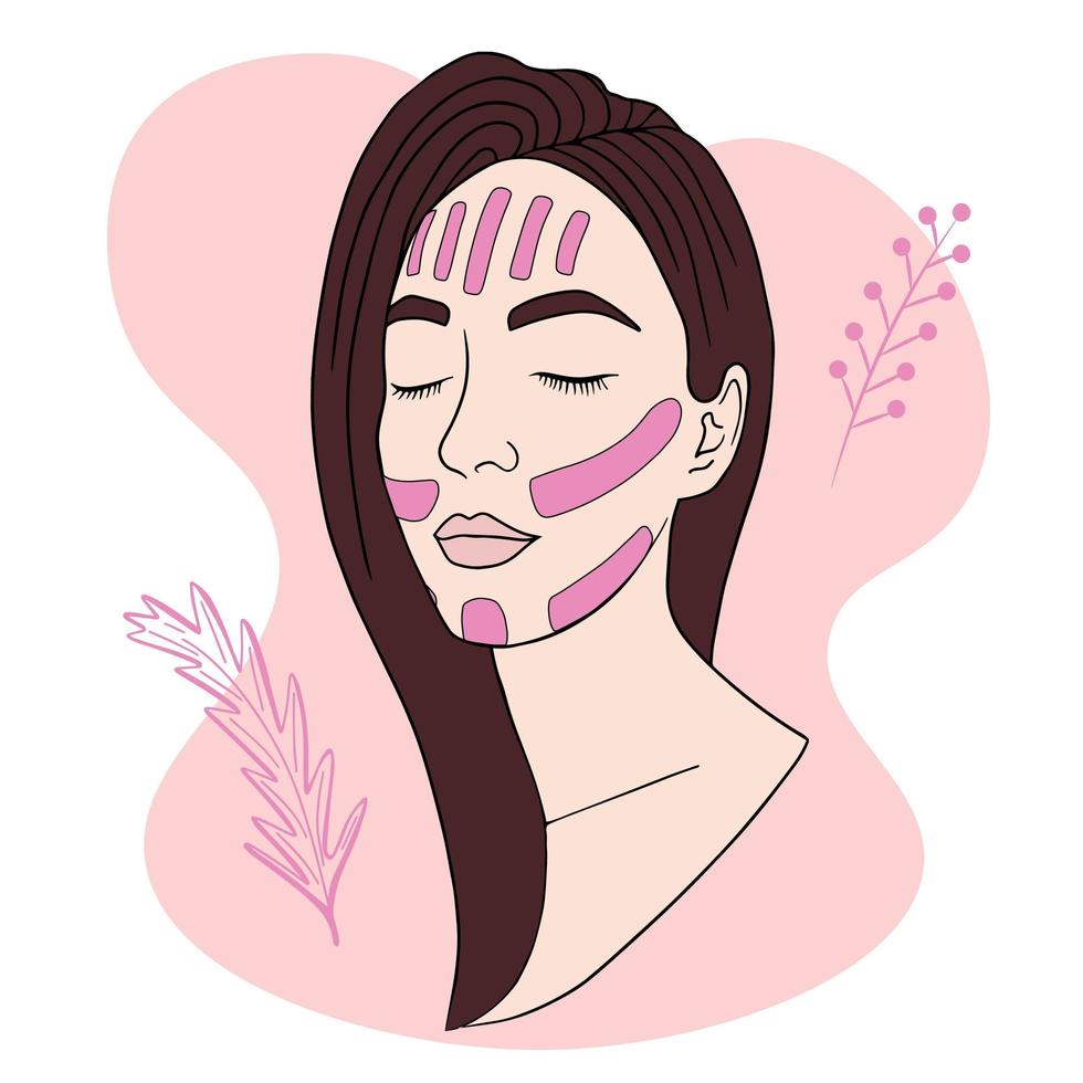 cintas faciales. Rostro de mujer joven con cinta de kinesio facial. ilustración. vector