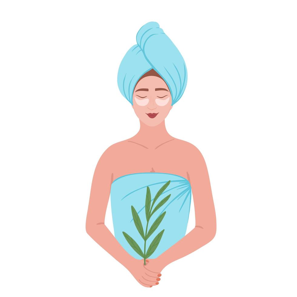 Girl in towel, woman with a towel on the head after shower or bath. Illustration for spa, beauty, printing, backgrounds, greeting cards, textile, seasonal design. Isolated on white background. vector