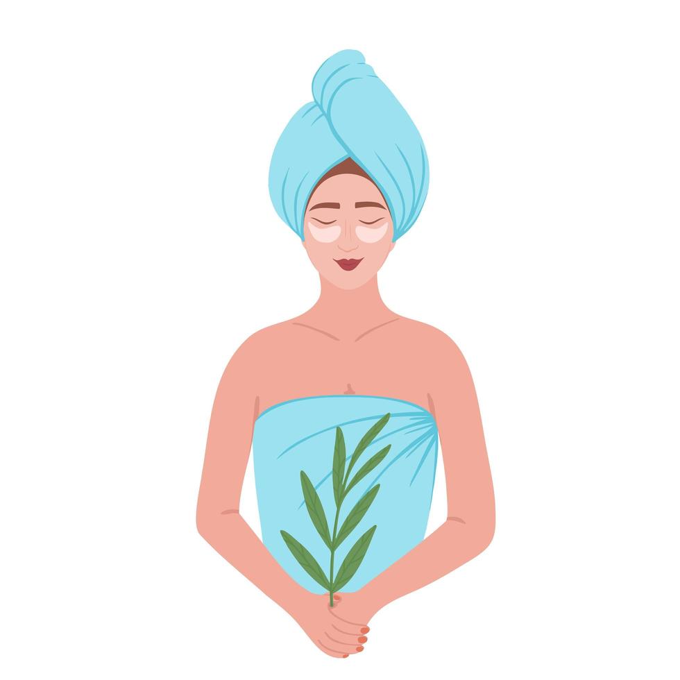 chica en toalla, mujer con una toalla en la cabeza después de la ducha o el baño. Ilustración para spa, belleza, impresión, fondos, tarjetas de felicitación, textil, diseño de temporada. aislado sobre fondo blanco. vector