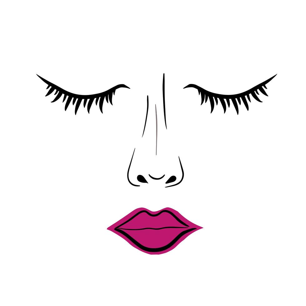 Girl's face, closed eyes, pink lips. Fashion illustration for lash maker, eyebrow and tattoo artists, beauty salon. Isolated on white background. vector