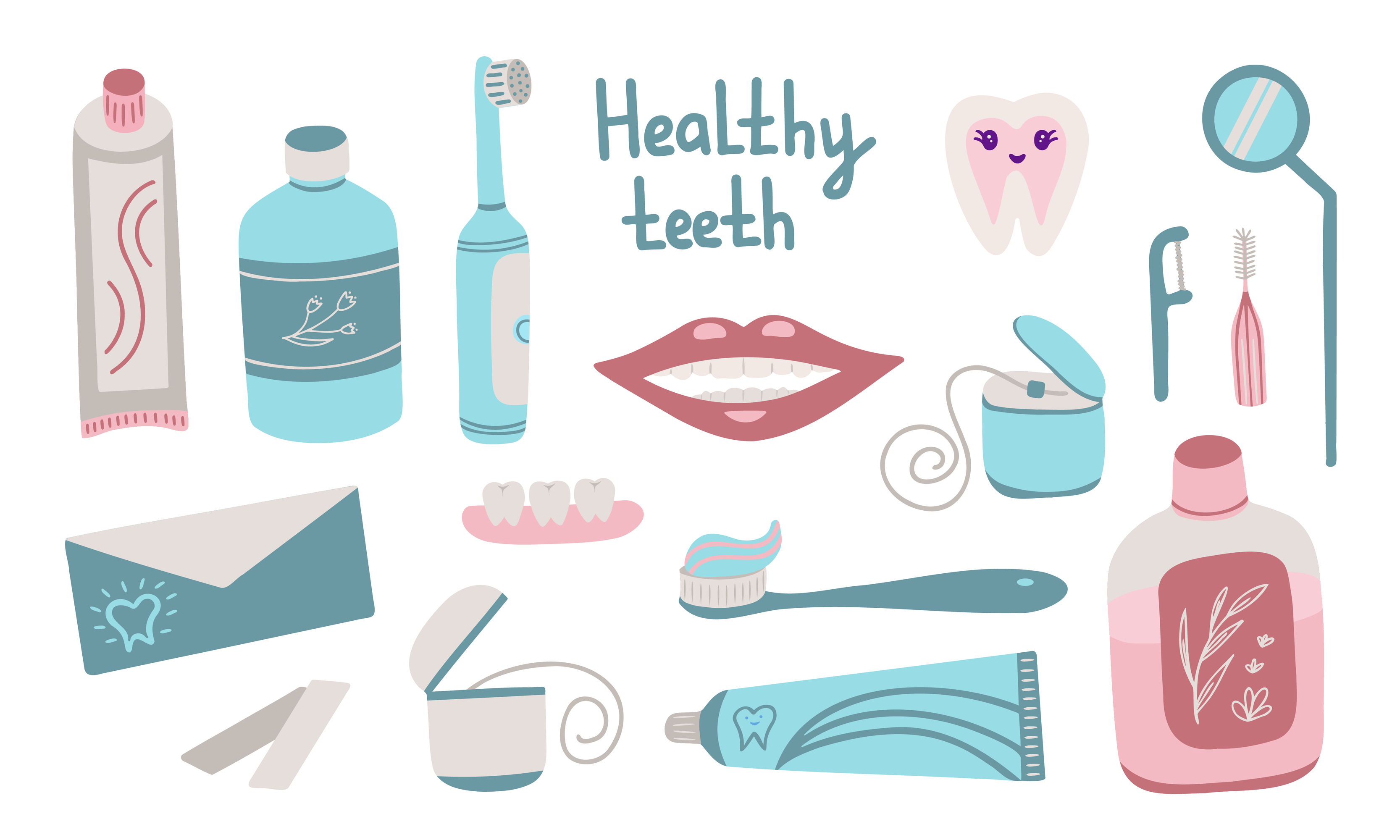 Dental hygiene, healthy teeth. Illustration for printing, backgrounds
