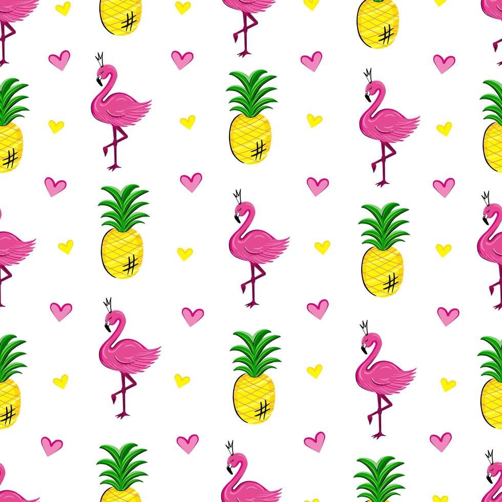 Flamingo, pineapple seamless pattern. Illustration for printing, backgrounds, covers, packaging, greeting cards, posters, stickers, textile, seasonal design. Isolated on white background. vector
