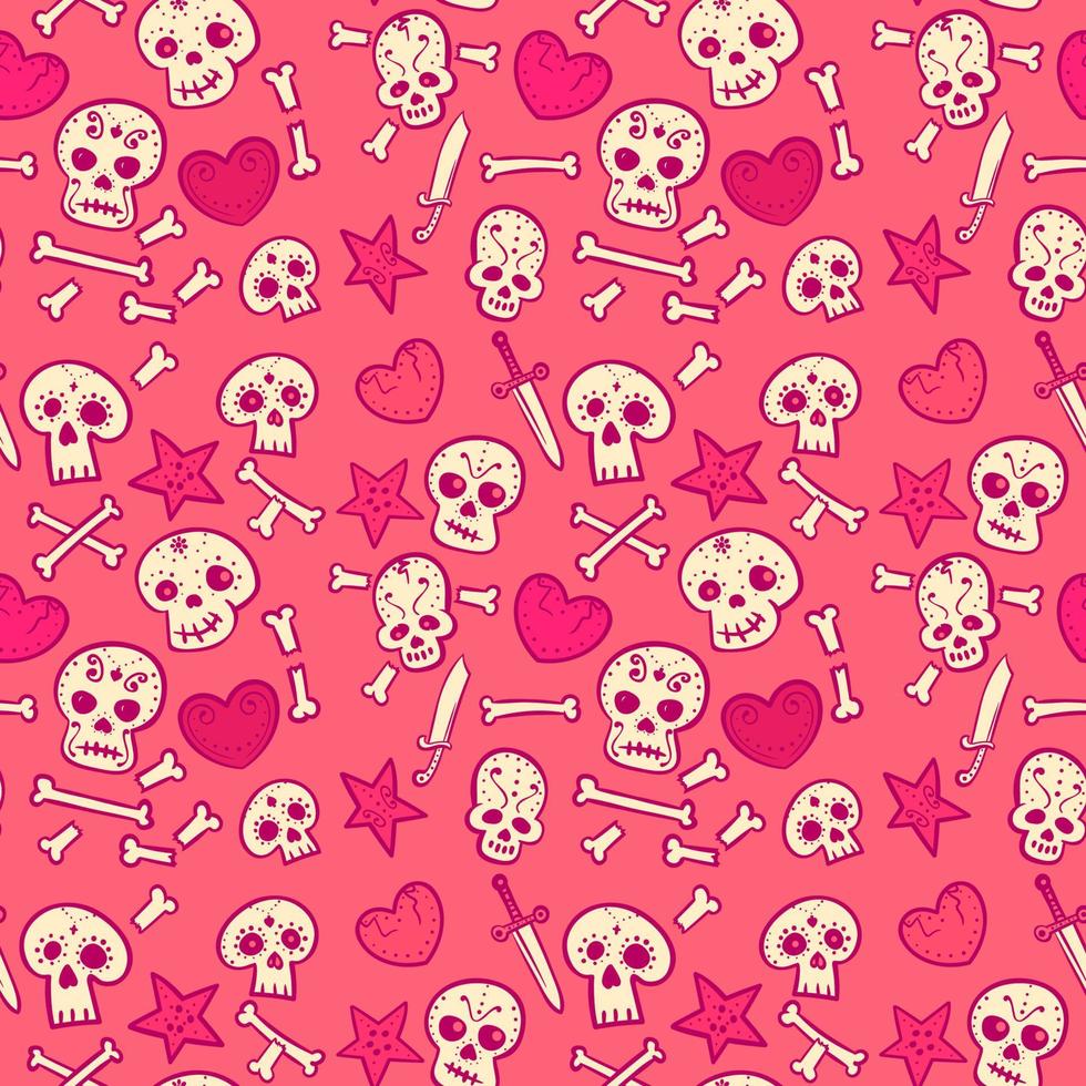 pattern with skulls and hearts, bones and daggers, vector seamless background, cartoon style