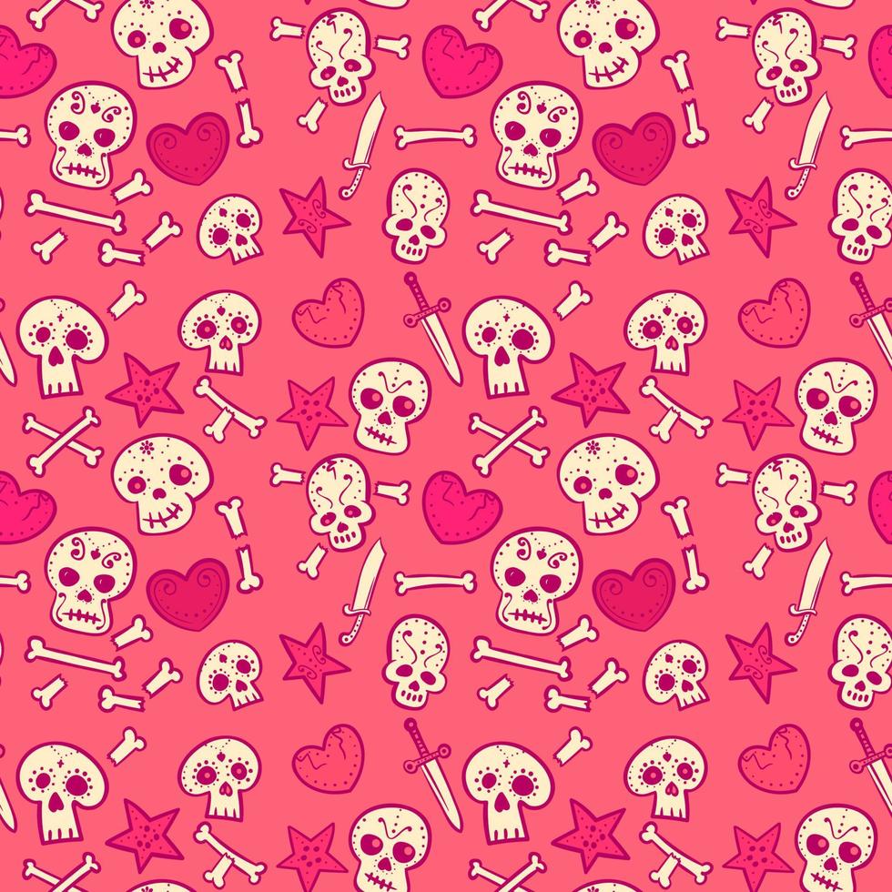 Patrón con calaveras y corazones, huesos y dagas, fondo transparente de vector, estilo de dibujos animados vector