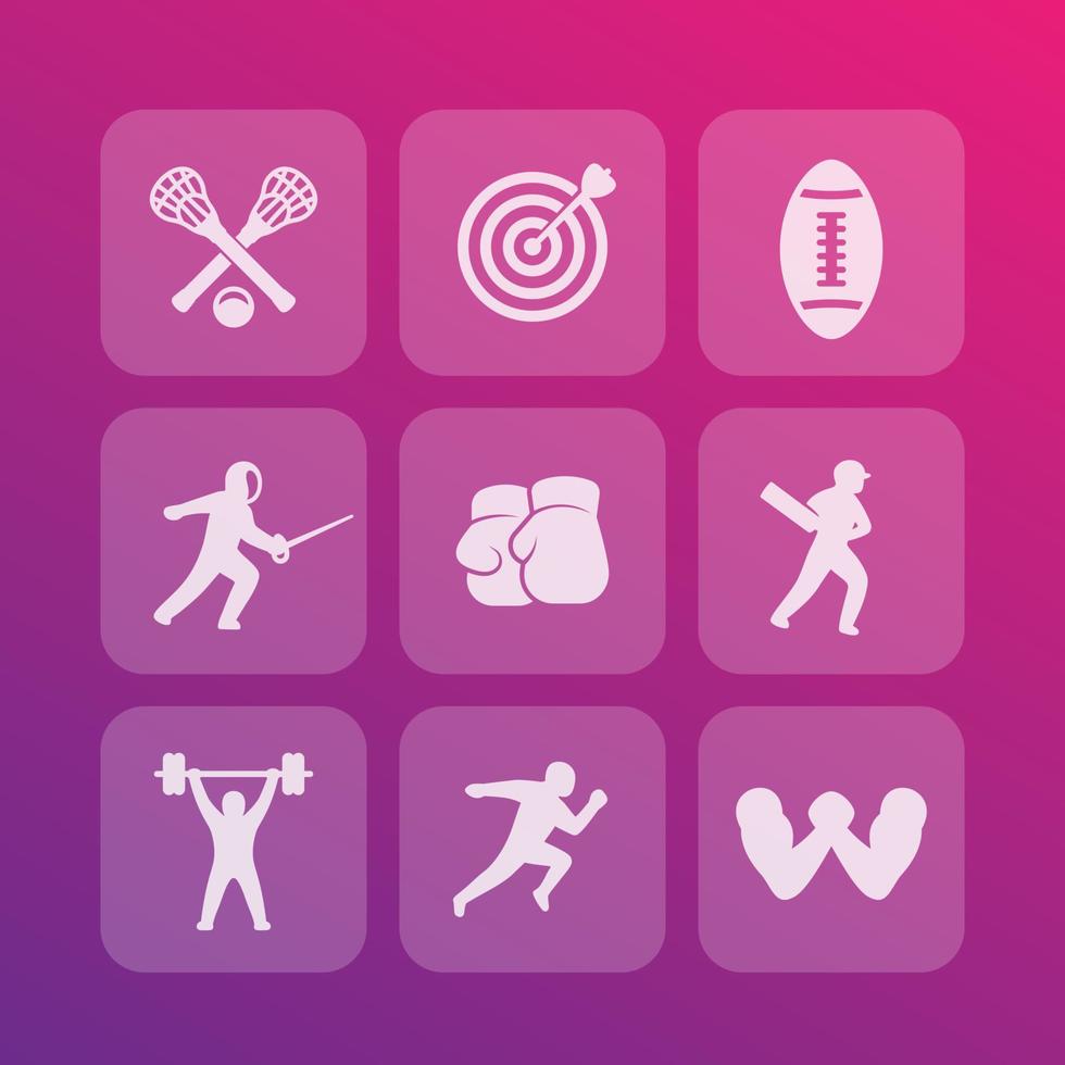 conjunto de iconos de deportes, tiro con arco, boxeo, velocista, lacrosse, cricket, correr, lucha de brazos, esgrima, fútbol, levantamiento de pesas vector