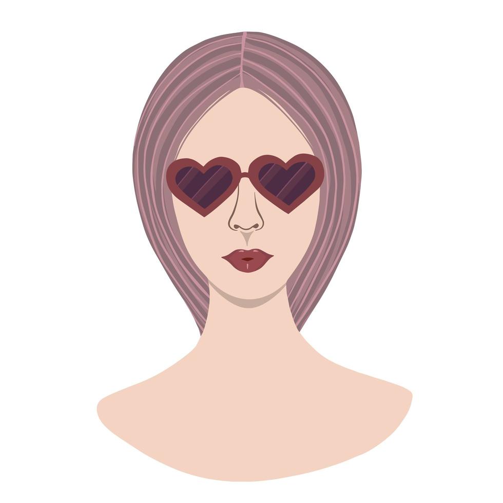 Girl with heart-shaped glasses. Illustration for printing, logo, beauty saloon, covers, packaging, greeting cards, posters, stickers, textile and seasonal design. Isolated on white background. vector