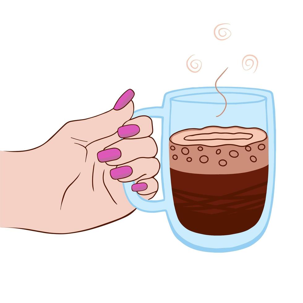 café caliente, capuchino en una taza, bebida carbonatada en la mano, hermosa manicura sobre un fondo blanco. Ilustración para cafetería, restaurante, cafetería, salones de belleza, artistas de uñas. vector