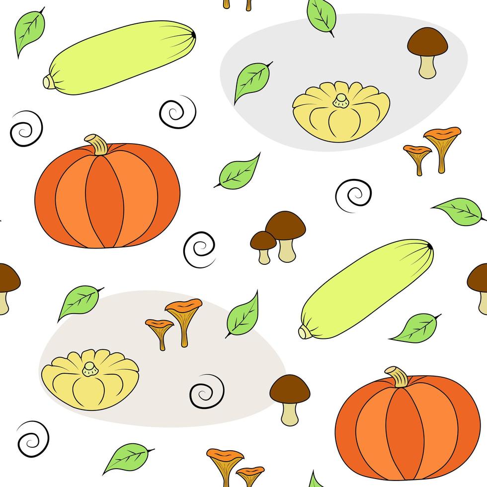 patrón de verduras. ingrediente alimentario calabaza, tuétano, champiñones. Ilustración para impresión, fondos, papeles pintados, carátulas, embalajes, tarjetas de felicitación, carteles adhesivos textiles y diseño de temporada. vector