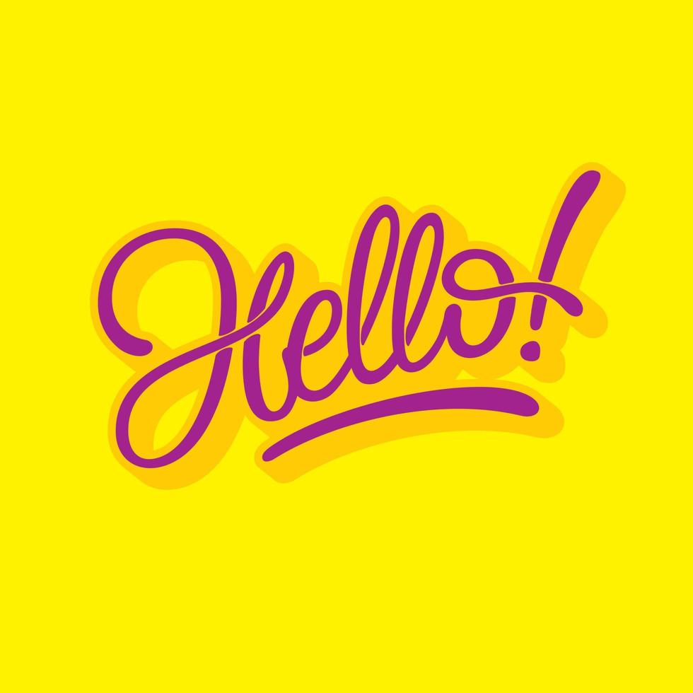 Hello lettering on bright yellow background. Vector typography for greeting card, social media banner, poster, invitation. Modern brush calligraphy. Vector illustration.