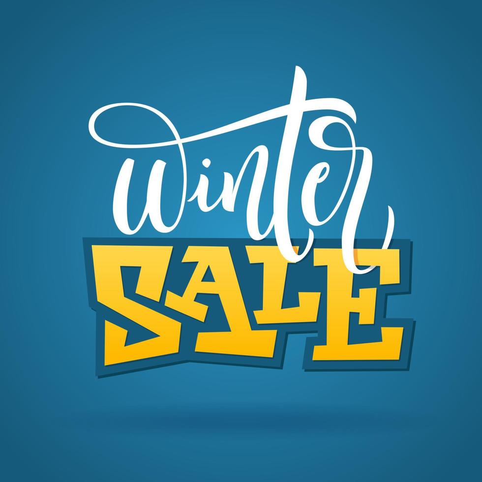 Vector hand written winter phrase - Winter sale. Typography poster isolated on blue background. Vector illustration for banners, flyers, broshures, ads.