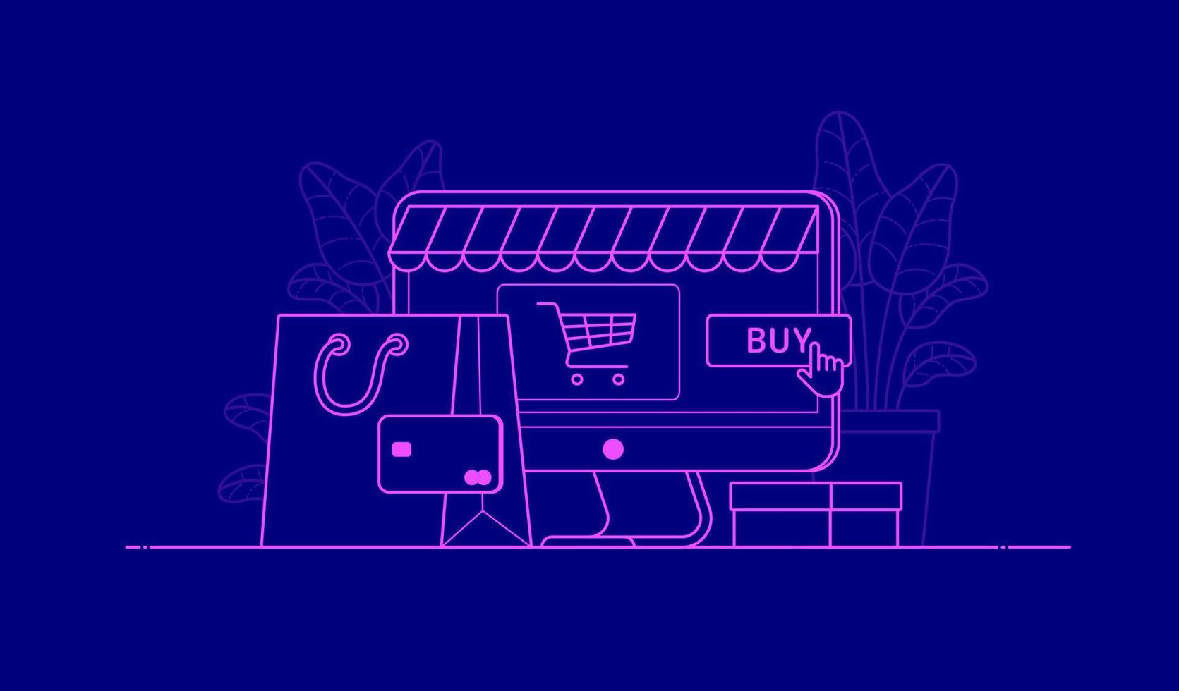 Ilustración aislada para la venta de Cyber Monday. líneas planas de color rosa sobre fondo azul. plantilla de vector en estilo de dibujo gráfico de contorno para banner de descuento, compras en línea, sitio, aplicación móvil, tienda, tienda, anuncio