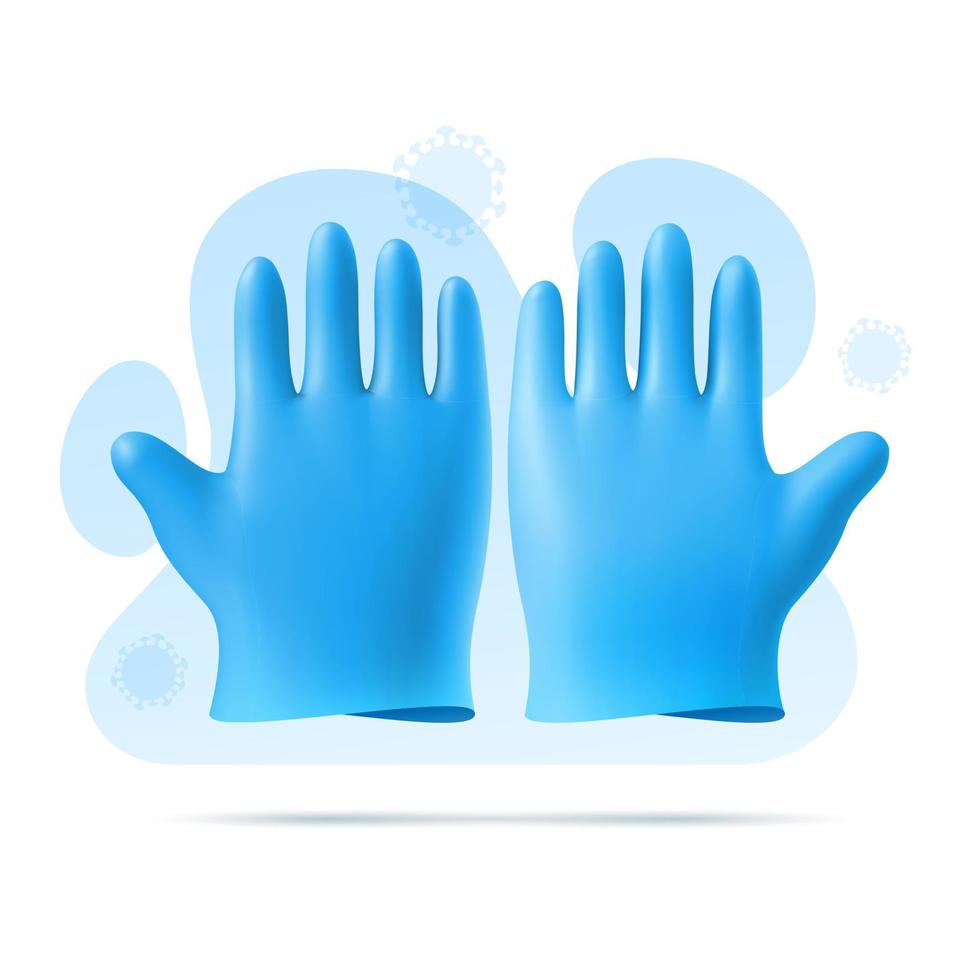 Guantes quirúrgicos médicos estériles de caucho azul. Plantilla de vector 3D sobre fondo de formas abstractas y virus. Equipo de protección personal y prevención de enfermedades, infecciones, bacterias.