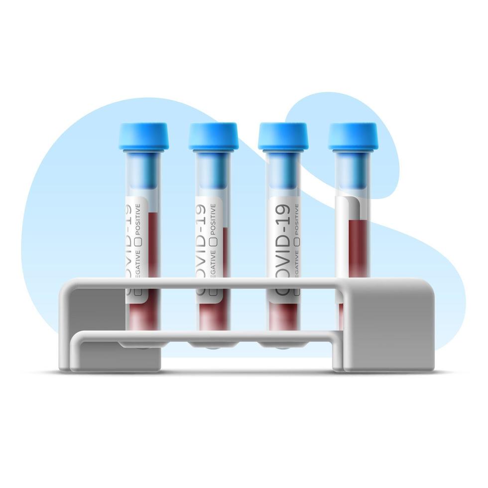 Isolated realistic vector template of blood test tubes for coronavirus with rack. 3D cartoon illustration on the background of abstract shapes for medical design, infographics. Analysis beaker