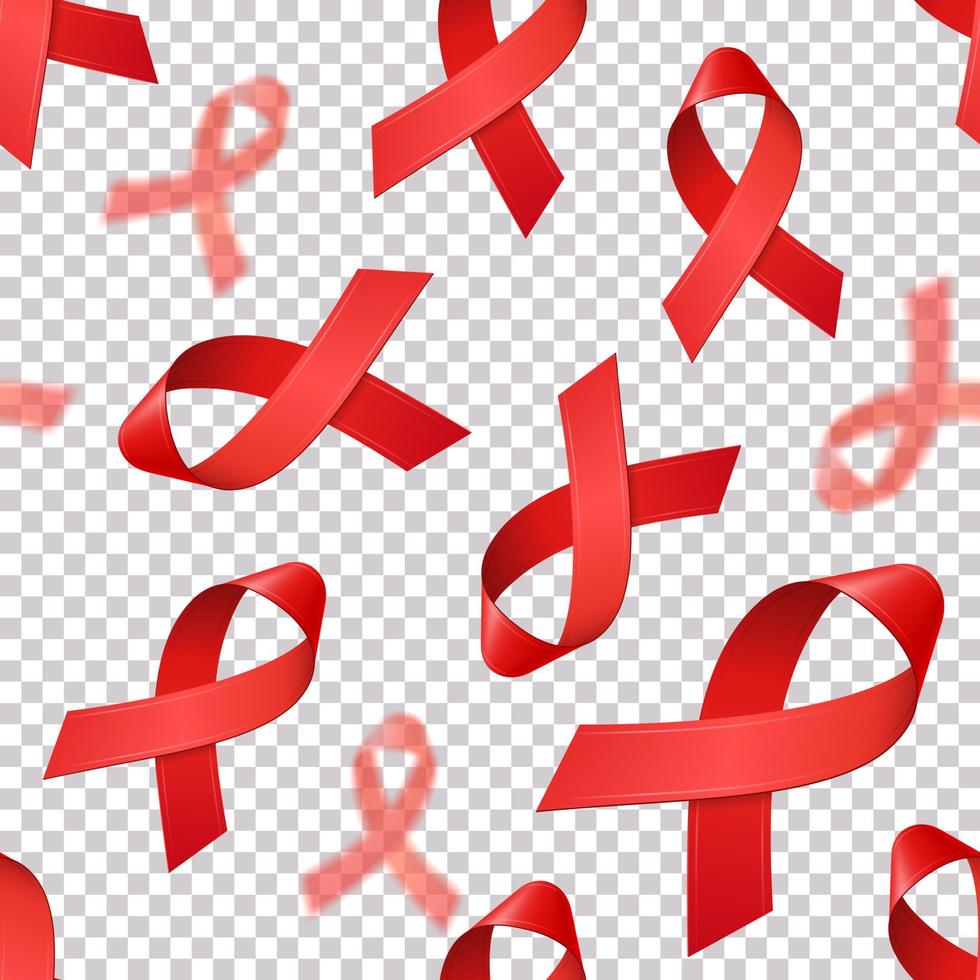 Seamless pattern with realistic red ribbons on transparent background for WORLD AIDS DAY. December is HIV awareness month. Illustration for medical website, banner, poster, invitation. vector