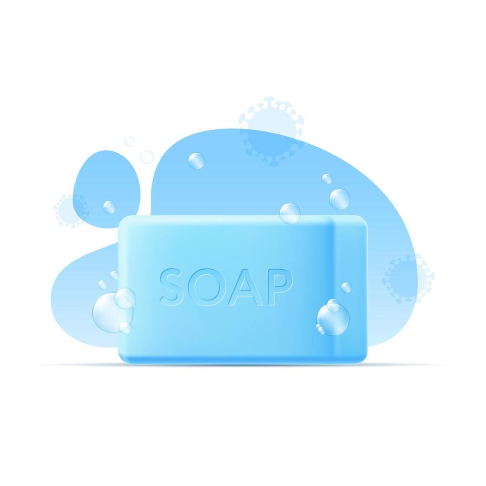 3D bar of blue solid soap with bubbles on background of abstract shapes and virus. Isolated vector template for infographic of protection and prevention of infectious disease, personal hand hygiene