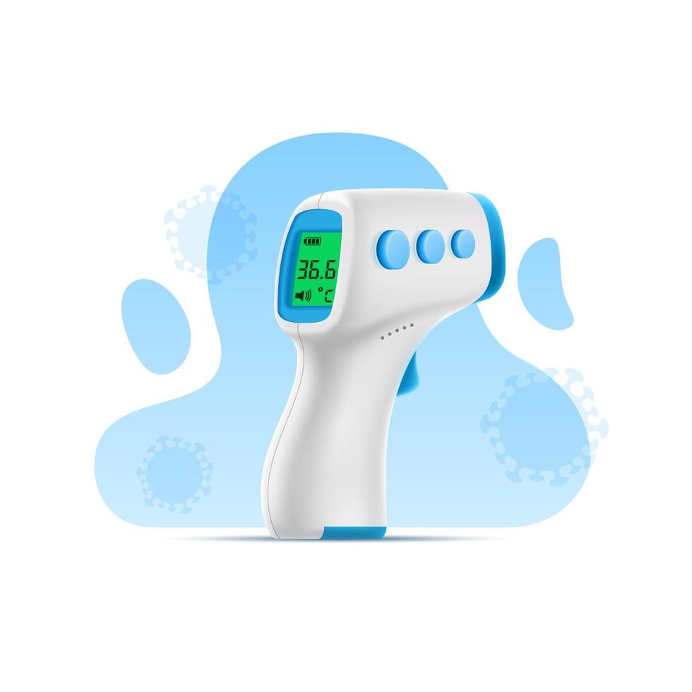 3D contactless infrared thermometer on background of abstract shapes and virus. Vector illustration of temperature measuring medical device. Covid pandemic and epidemic control concept