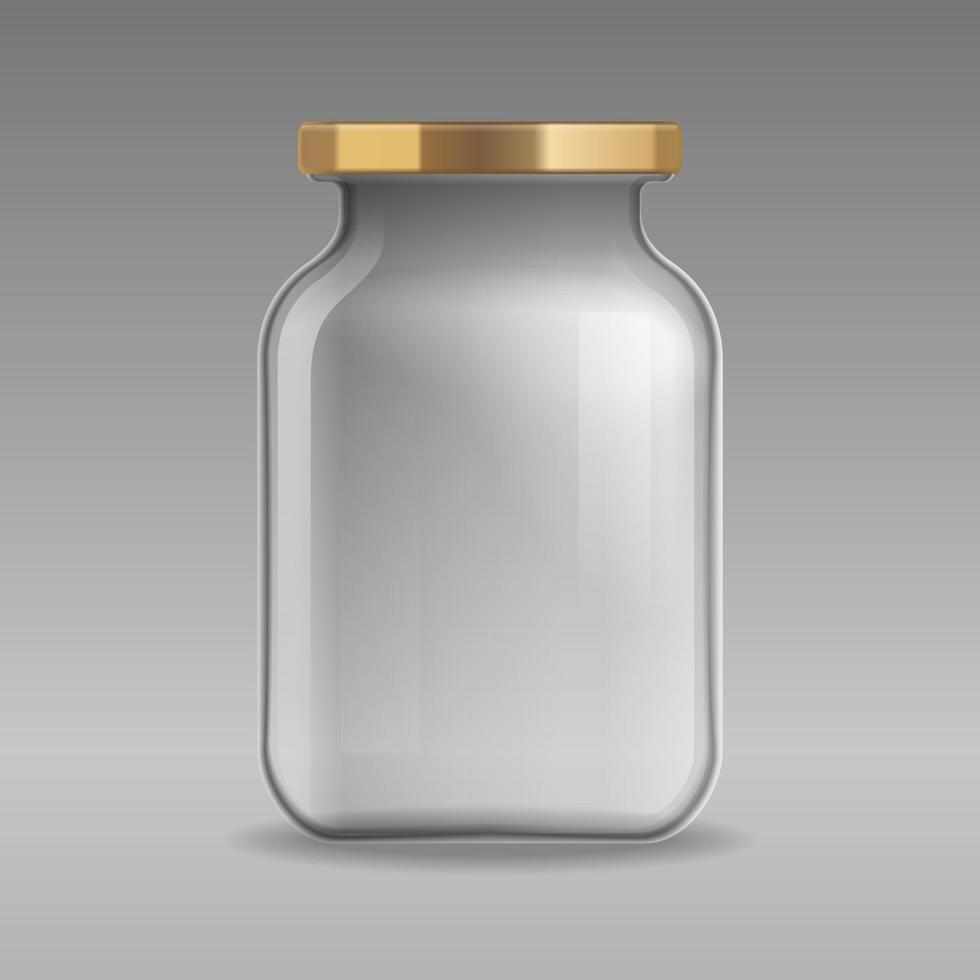 Realistic vector empty glass jar for canning and preserving with gold lid closeup isolated on transparent background. Design template for mockup, advertise, branding. EPS10.