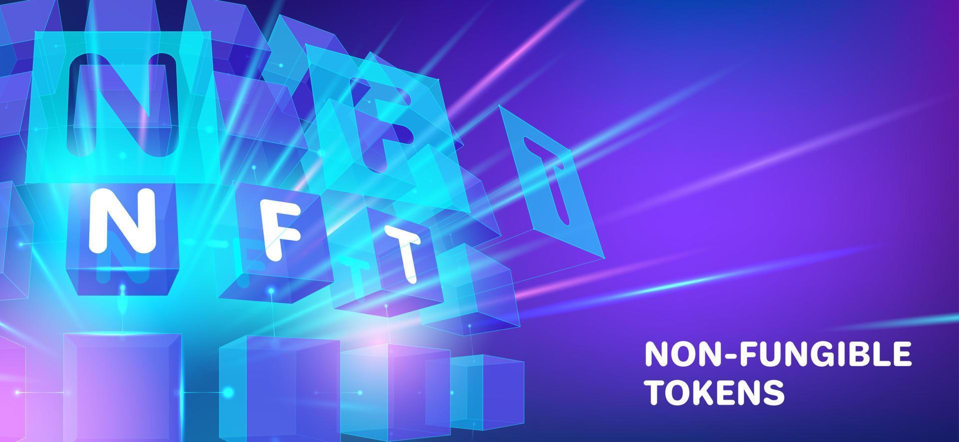 Vector illustration with NTF typography. Concept of non-fungible token, digital items for crypto art, gaming, collectible and blockchain technology for infographics, banner