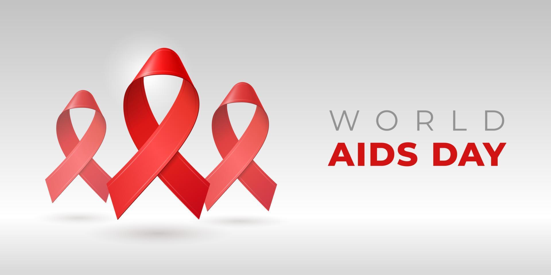 Realistic red 3D ribbons with shadow and copy space for WORLD AIDS DAY in december. HIV awareness symbol. Vector template for medical website, social media, banner, poster, invitation, flyer.