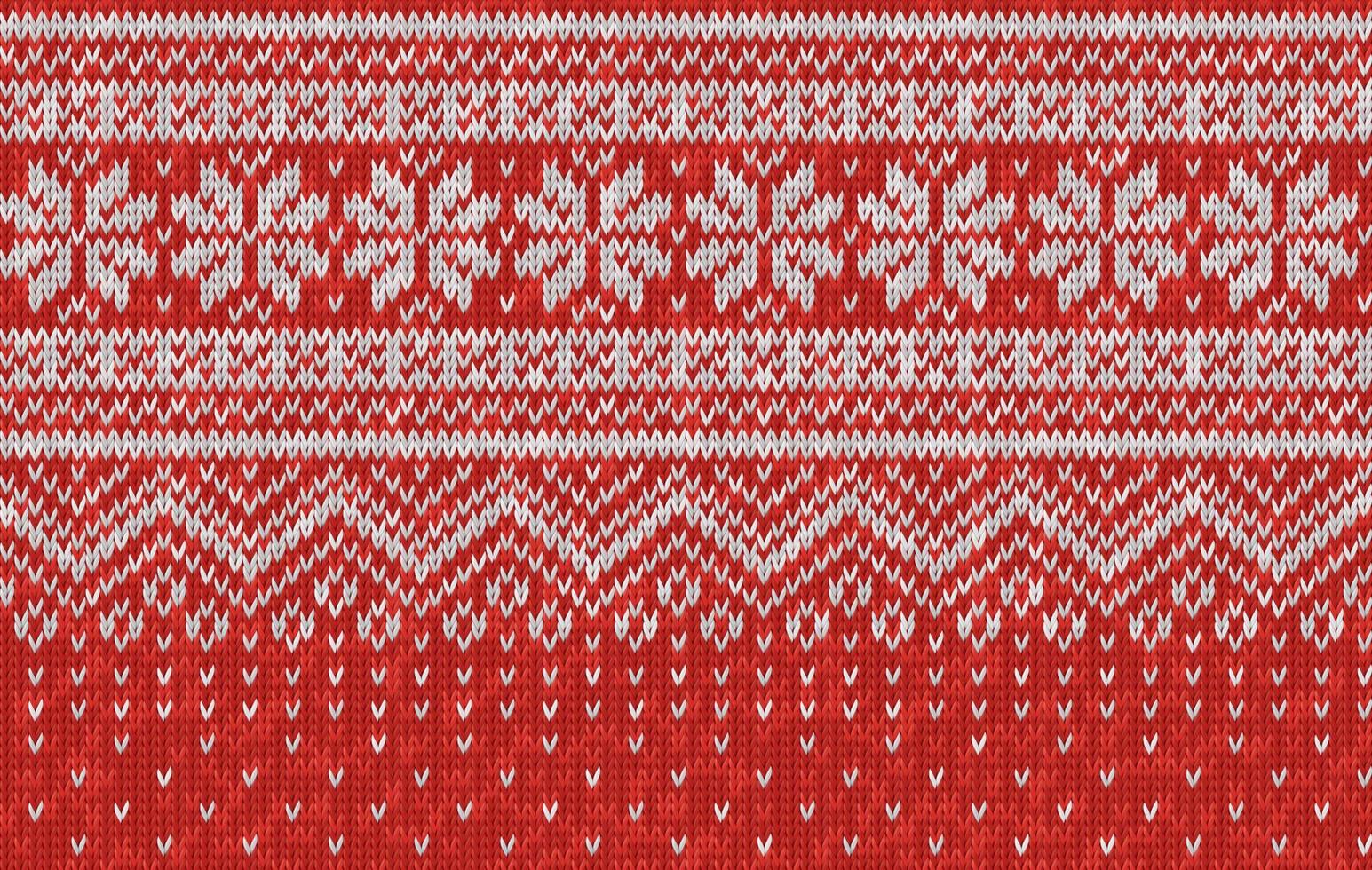 Vector seamless texture of red wool knit. Knitted Christmas and New Year pattern with snowflakes. Template of knitwear for background, wallpaper, backdrop. Scandinavian, Norwegian style