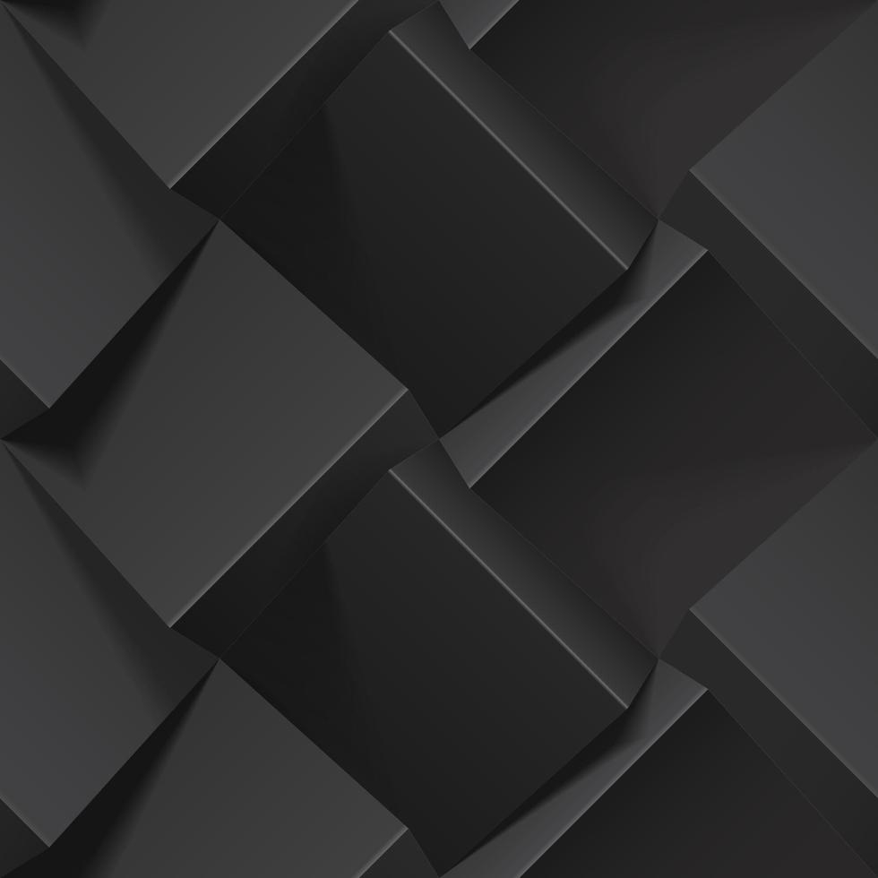 Dark abstract seamless geometric pattern. Realistic 3d cubes from black paper. Vector template for wallpapers, textile, fabric, wrapping paper, backgrounds. Texture with volume extrude effect.