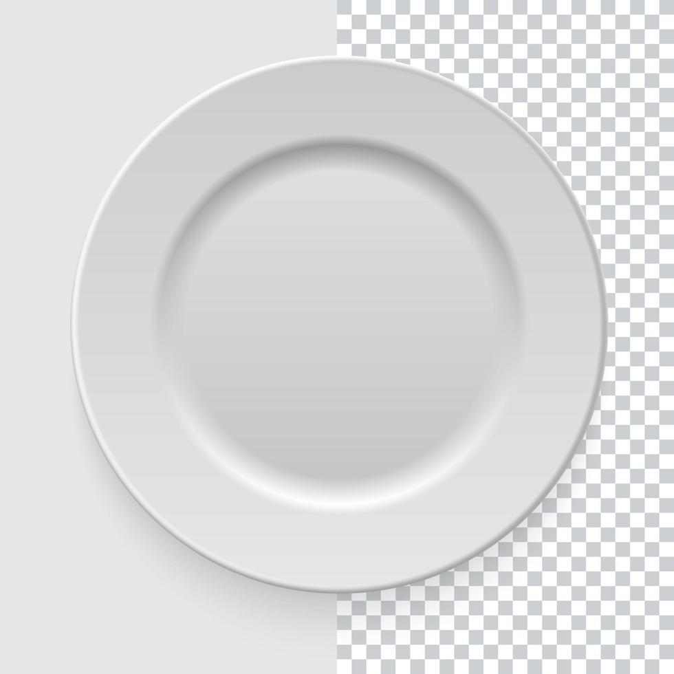 Realistic empty white dish plate with shadow on transparent background. Template design for food presentation and your projects. Top view. Kitchen appliances utensils for eating. Vector illustration.