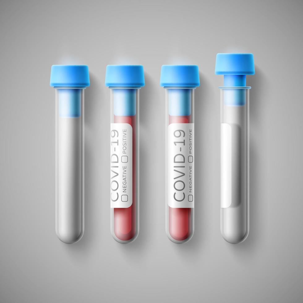 3d cartoon illustration with blood glass test tubes on covid. Realistic vector template on isolated background for medical design, infographic. Analysis beaker. Clinical, chemical laboratory research