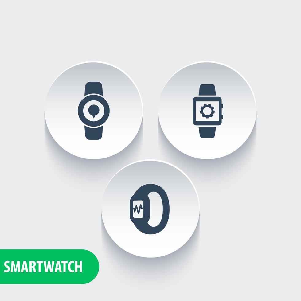 Smart watch icons, smartwatch, fitness tracker, wearable technology icons on round 3d shapes, vector illustration