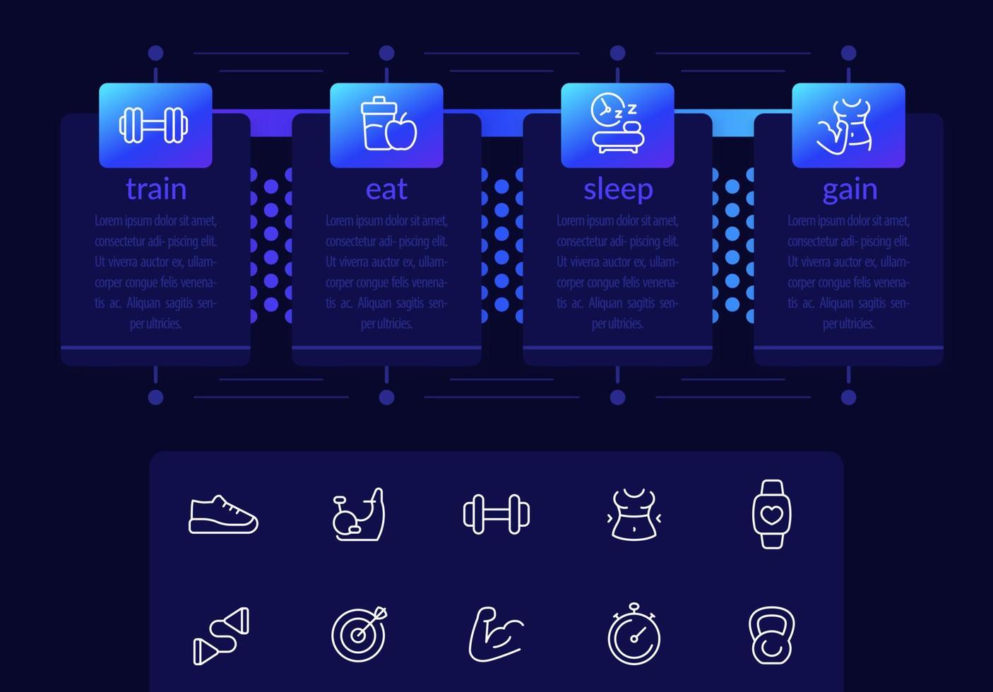 Train, eat, sleep and gain steps with fitness and workout icons, vector