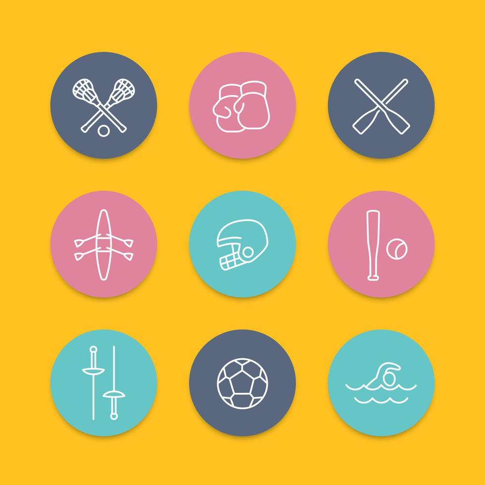 Iconos de línea de deportes y juegos, conjunto plano redondo, ilustración vectorial vector