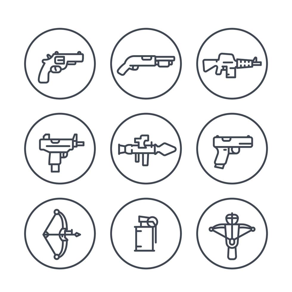 weapons line icons in circles, pistol, submachine gun, assault rifle, revolver, shotgun, grenade, rocket launcher, firearm, explosive vector