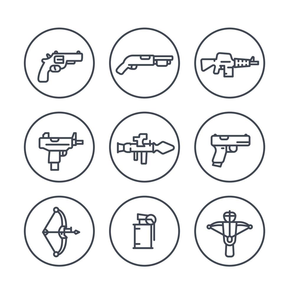 iconos de líneas de armas en círculos, pistola, metralleta, rifle de asalto, revólver, escopeta, granada, lanzacohetes, arma de fuego, explosivo vector