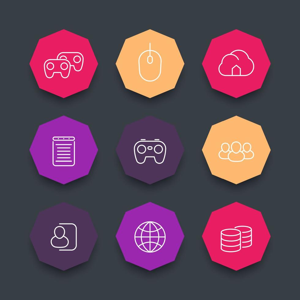 videogames line icons, cooperative, multiplayer, gaming, color octagon icons set, vector illustration