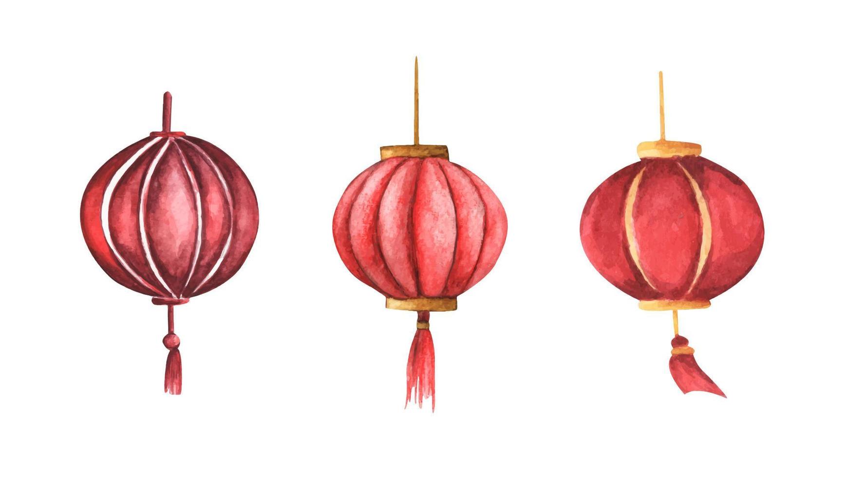 Set of Red round chinese paper lantern. Watercolor illustration. vector