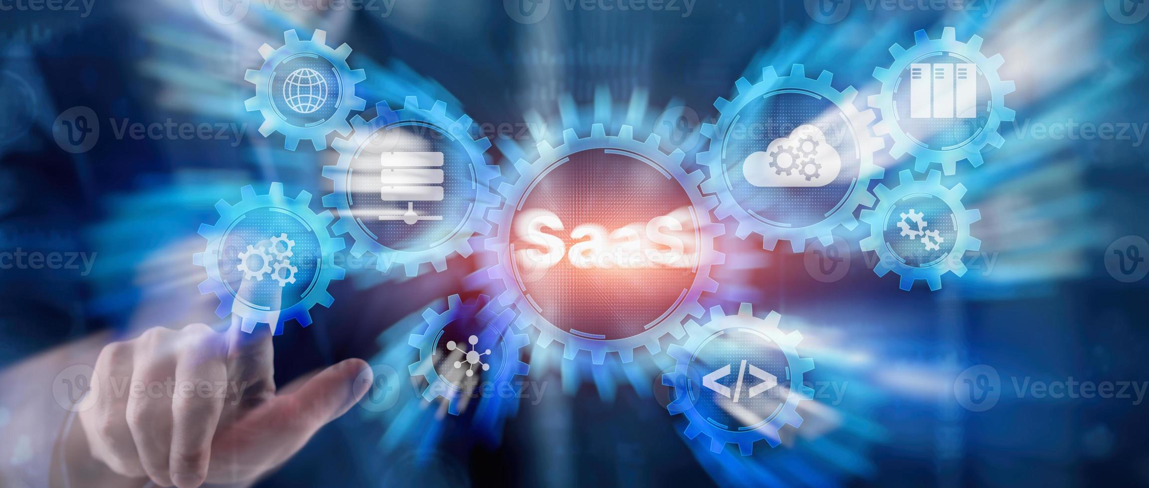 SaaS Software as a Service concept with hand pressing text photo