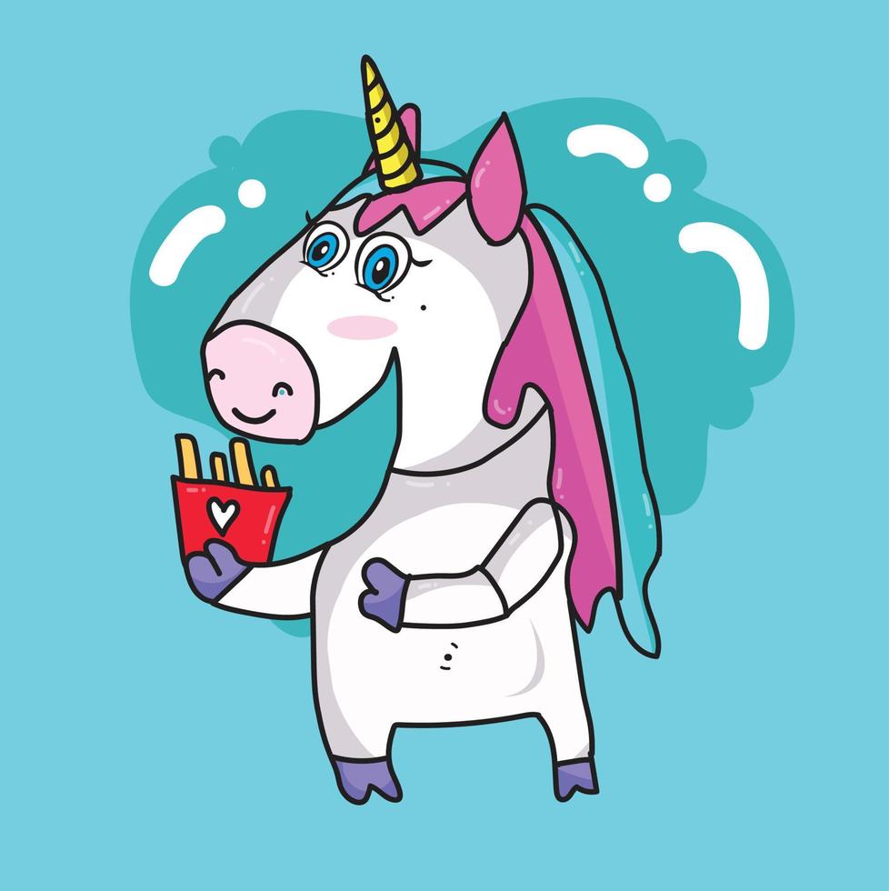 unicornio comiendo papas fritas vector