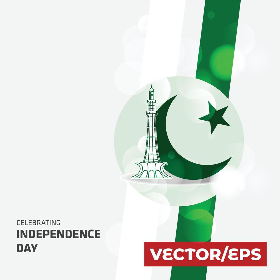 Vector Defence Day Minar-e-Pakistan 6 September with Abstract green and white lines background. Pakistan Independence Day. Celebration Card. Illustration