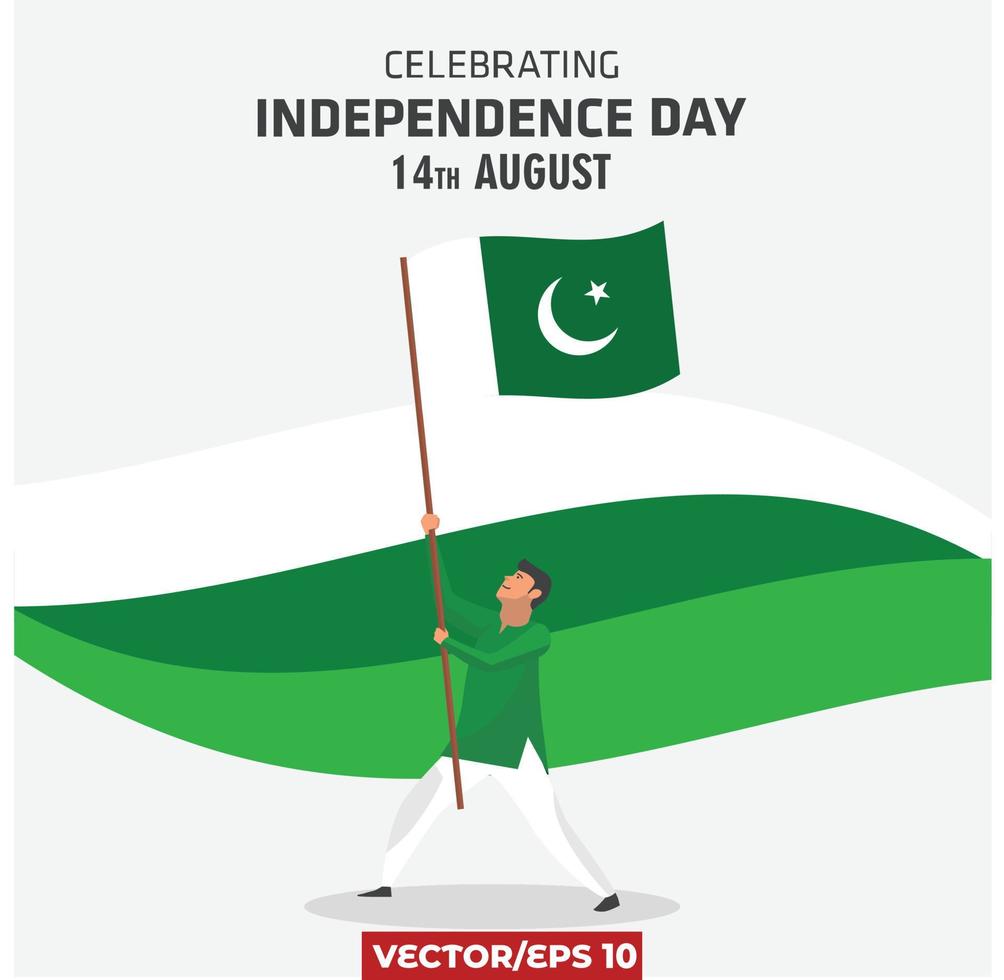 14 de agosto es el día de la independencia de pakistán, hombre que sostiene la bandera de pakistán vistiendo shalwar kameez verde y blanco, ilustración vector