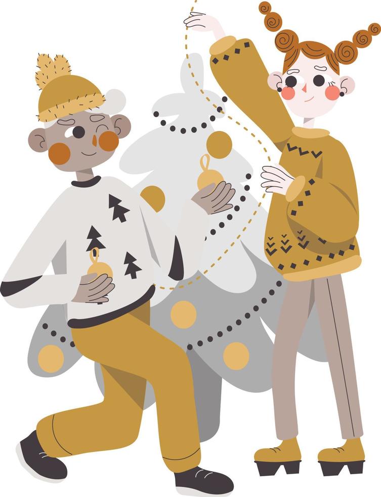 Couple decorating a Christmas tree vector