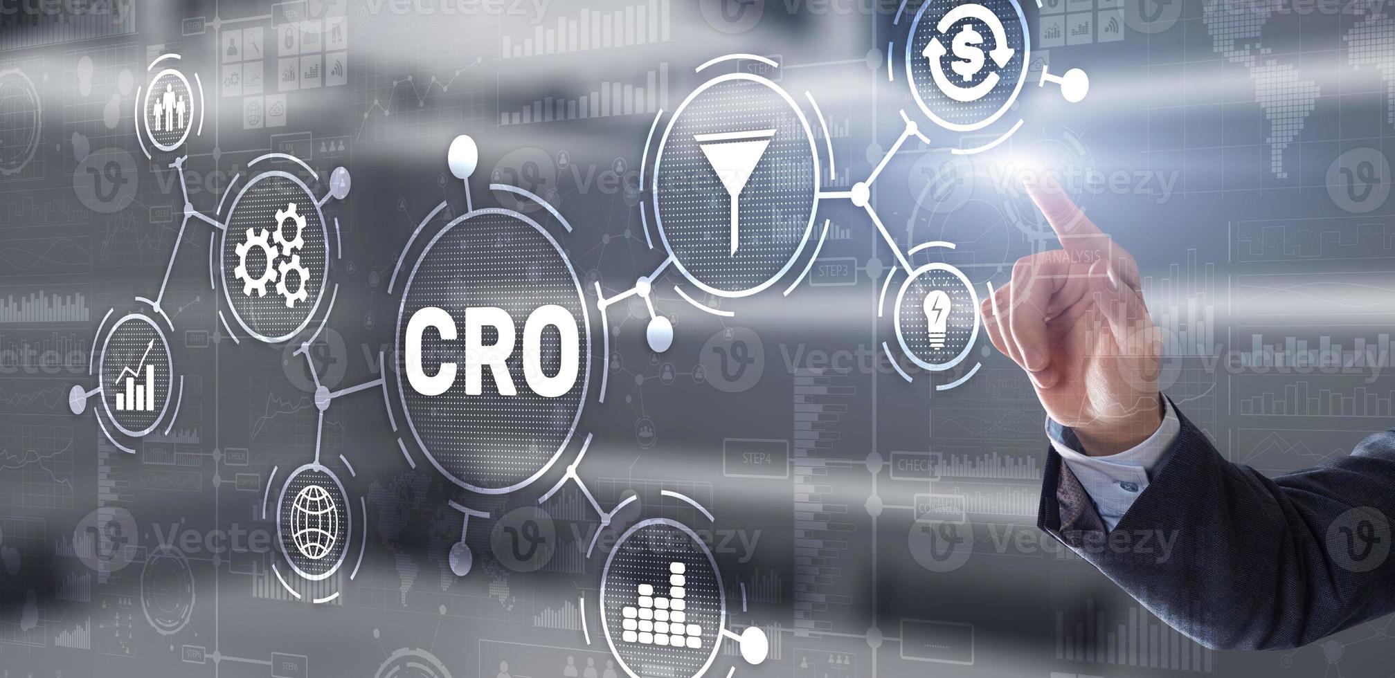 Conversion Rate Optimization. CRO Technology Finance concept Businessman pressing on a virtual screen photo