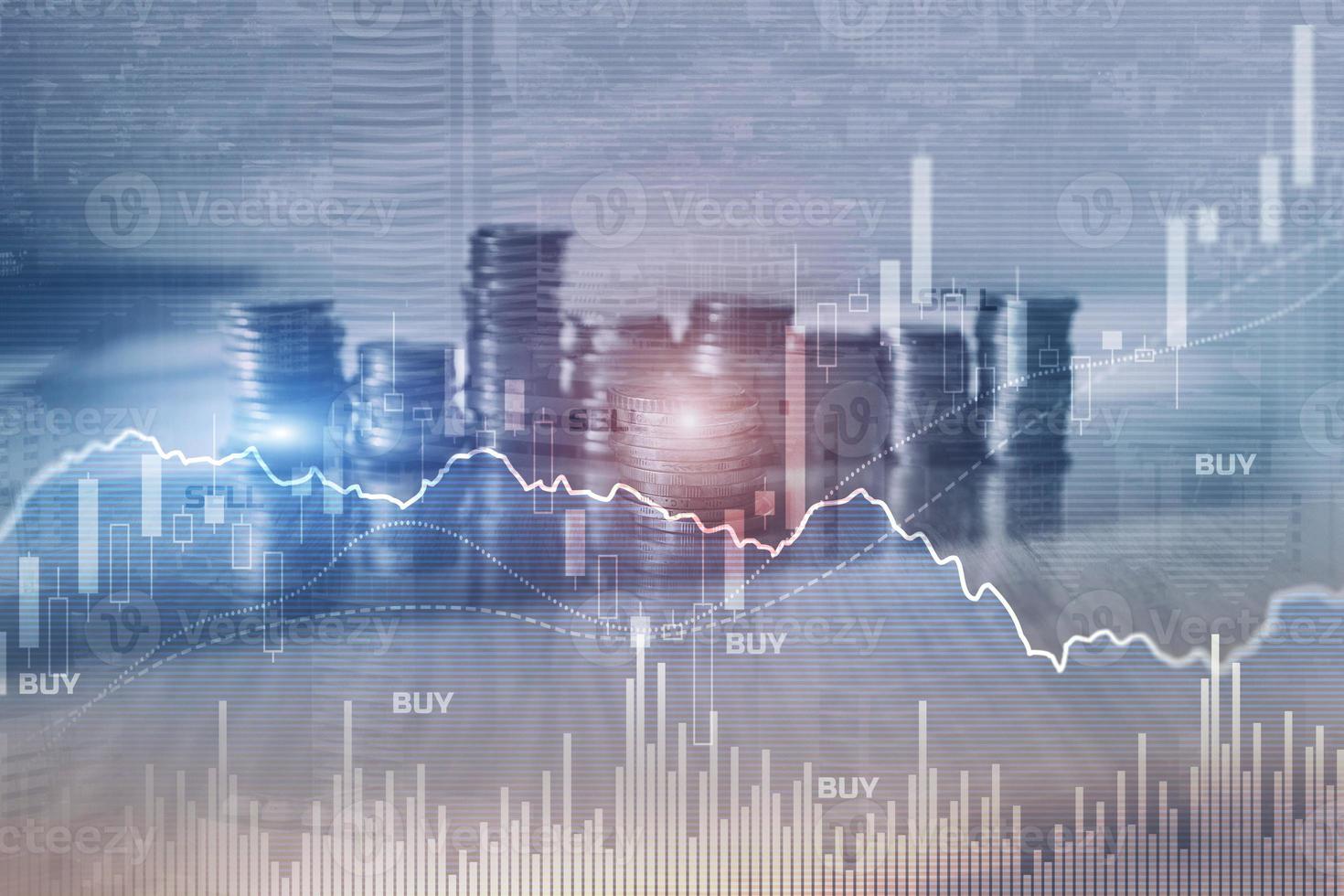 Finance illustration Capital banking and investment concept, Double exporsure stacked of coins and city with graph mixed media photo