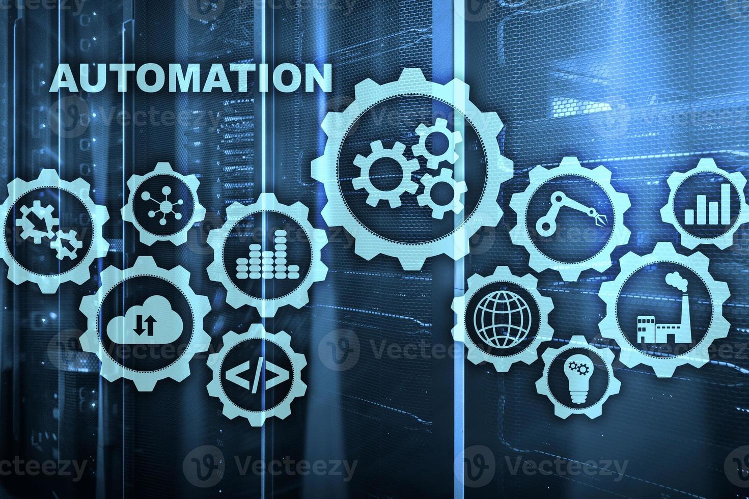 concepto de aumento de productividad de automatización. proceso de tecnología en un fondo de sala de servidores foto