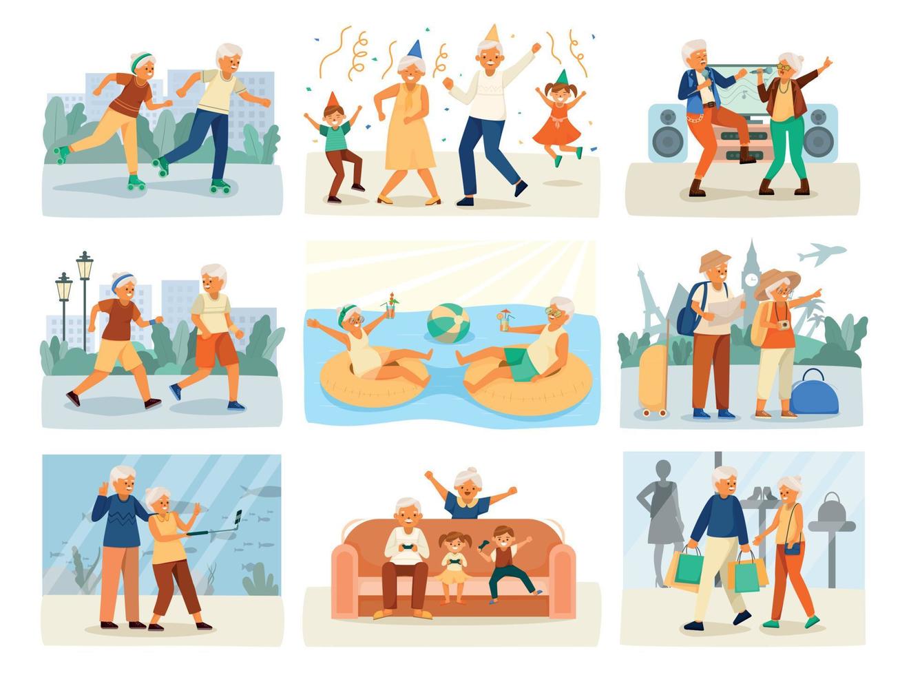 Elderly People Happy Life Cartoon Isolated Icon Set vector