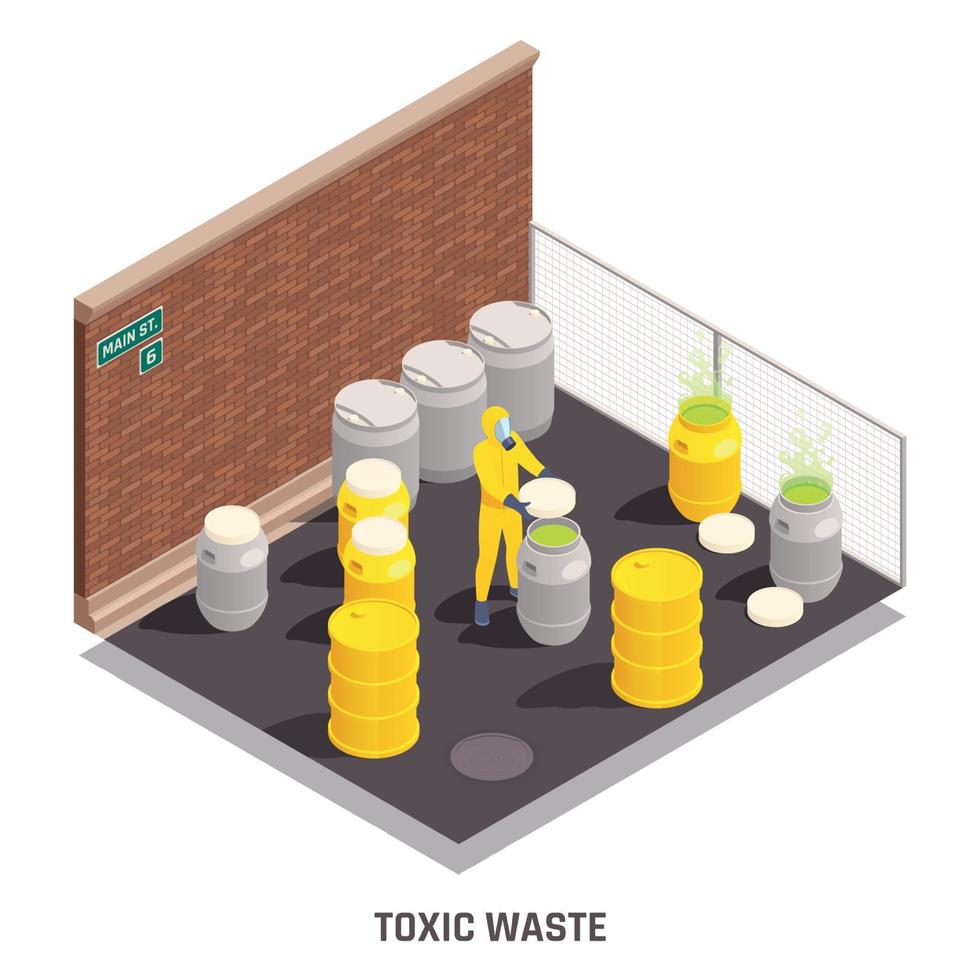 Colored Isometric Toxic Waste Nuclear Chemical Pollution Biohazard Composition vector
