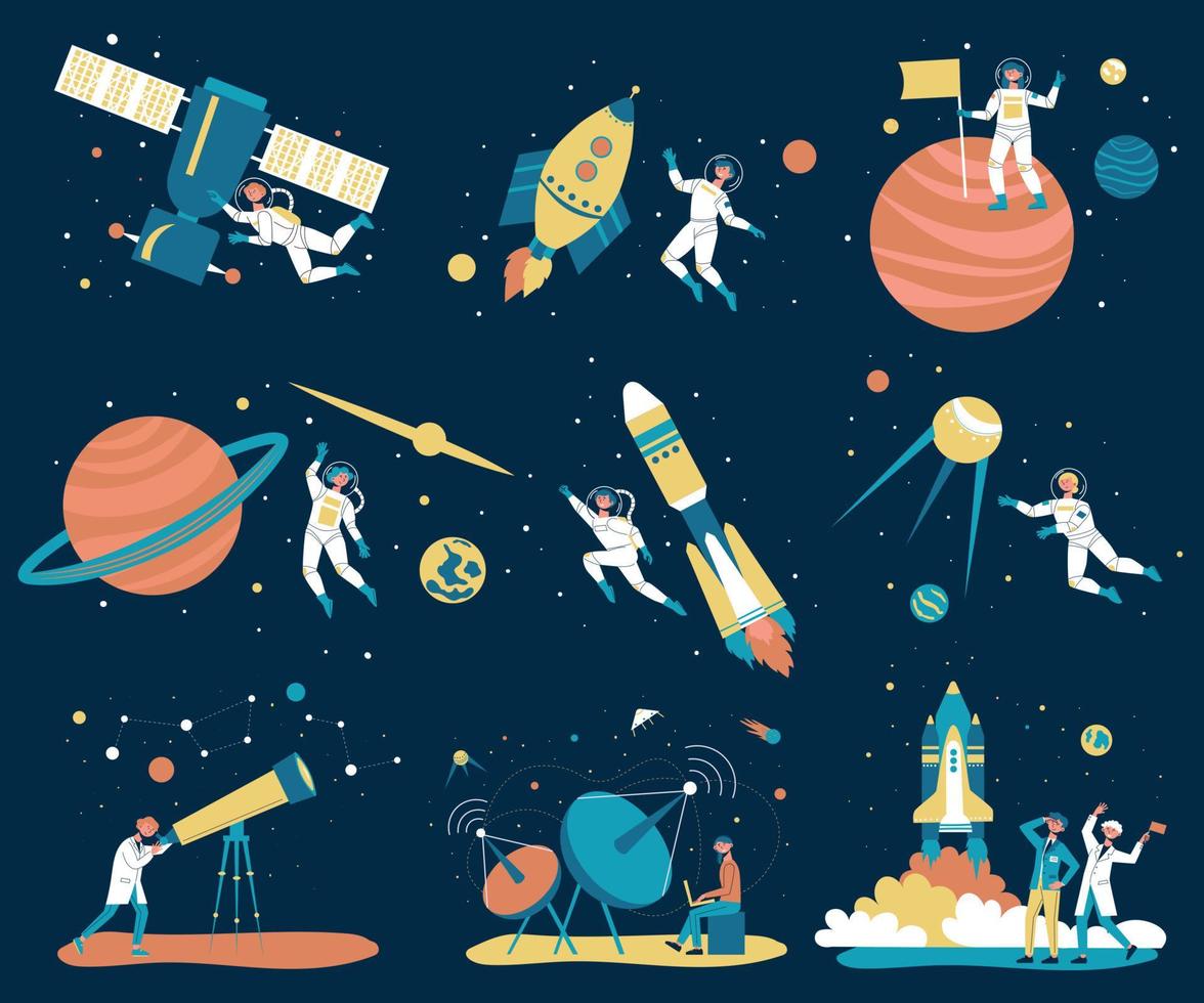 astronomía espacio personas fondo conjunto de iconos vector