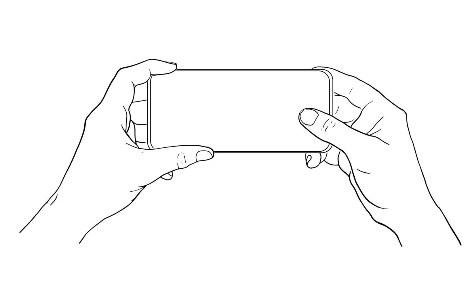 Man holds mobile phone in hands. Outline drawing illustration. Sketch. Vector illustration