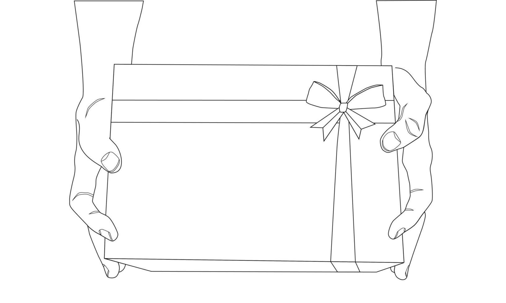 Gift box in hands. Valentines Day. Christmas and New Year. Two hands hold surprise, present. Line art vector illustration.