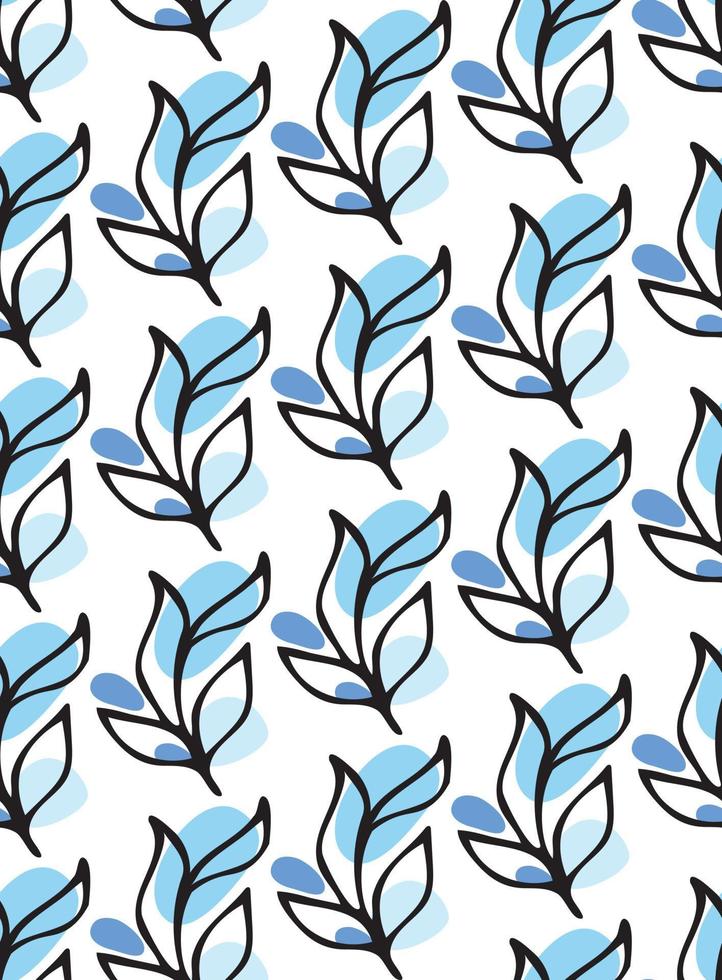 Seamless pattern with black ink floral leaves hand drawn doodle and abstract round shapes in blue on white. Classic background, textile print ornament, fashion design vector element.